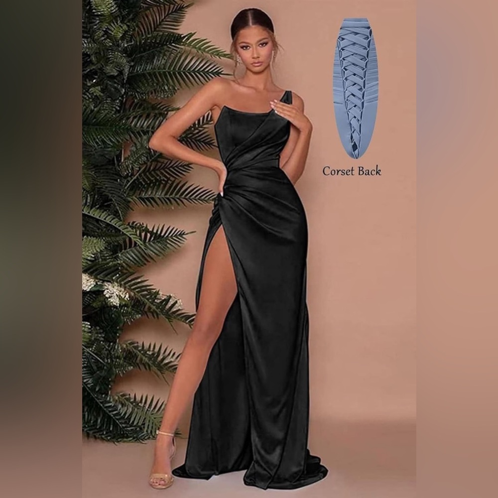 NWT-One Shoulder Satin Dress Mermaid Long Formal Party Dresses w Slit 6 - Picture 2 of 3